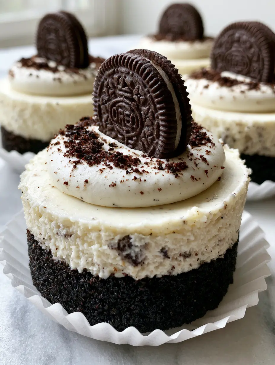 Close up of Mini Oreo Cheesecakes showing the dense white filling with tiny vanilla specks and a vertical cookie garnish.