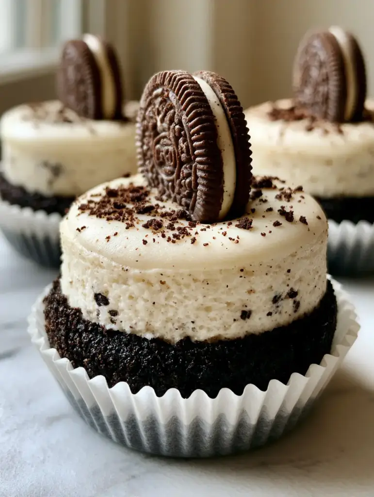 Three Mini Oreo Cheesecakes on a marble surface showing the contrast between the dark crust and white filling.