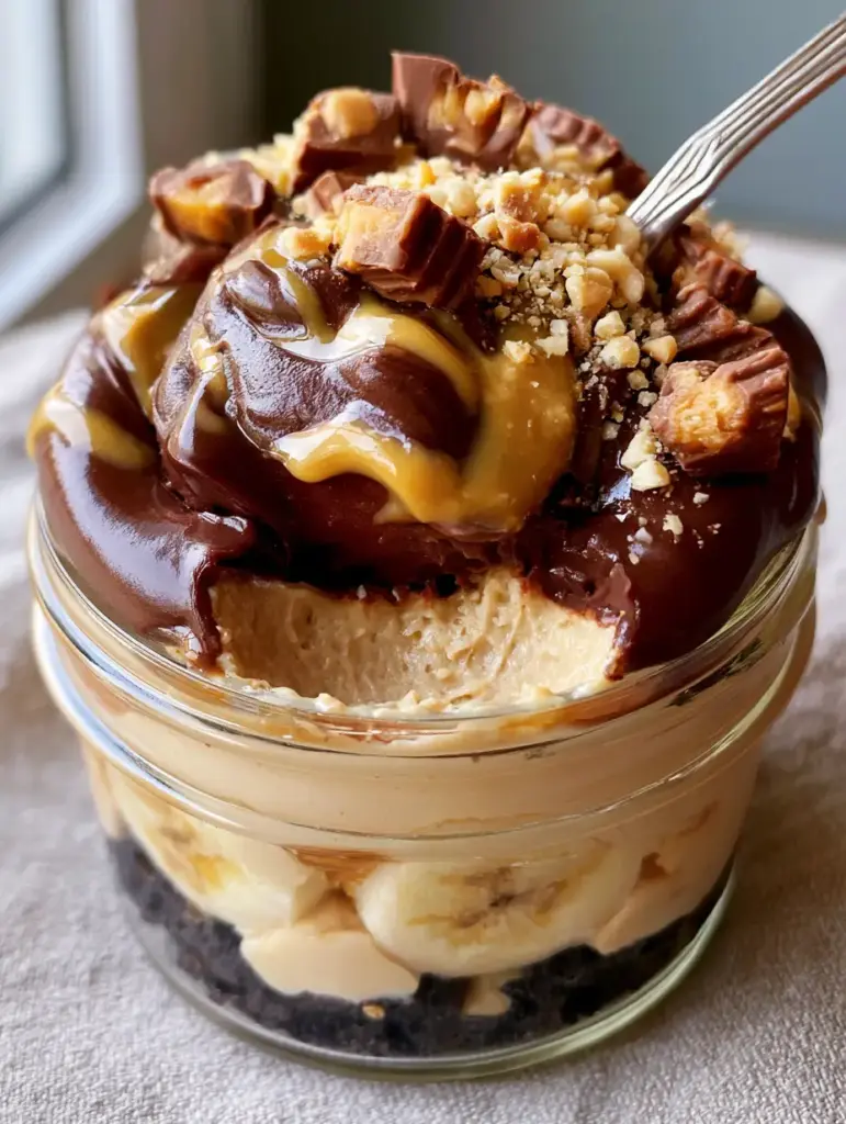 Chocolate Peanut Butter Banana Pudding: The Ultimate Layered Dessert 1 Close up of the top of a pudding jar garnished with chopped peanut butter cups and a glossy peanut butter drizzle.