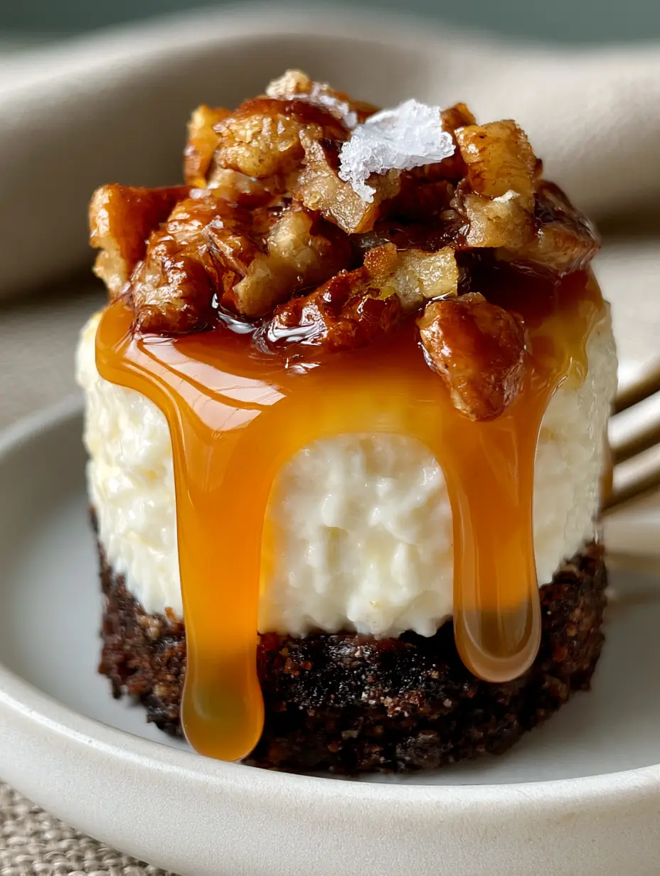 Chocolate Caramel Cheesecake Bites: The Ultimate Gourmet Mini Dessert 3 Extreme macro close-up of a single chocolate caramel cheesecake bite with a thick dark cookie base and glossy caramel mid-drip.