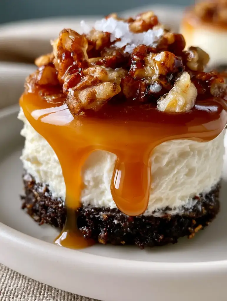 Chocolate Caramel Cheesecake Bites: The Ultimate Gourmet Mini Dessert 1 A close-up of a chocolate caramel cheesecake bite garnished with toasted golden-brown pecans and flaky white sea salt.