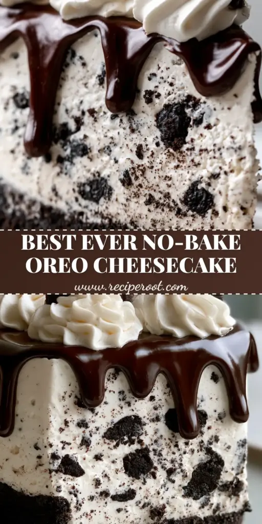 A tall, decadent slice of no-bake Oreo Cheesecake with a dark chocolate ganache drip and whipped cream dollops. (Oreo Cheesecake)