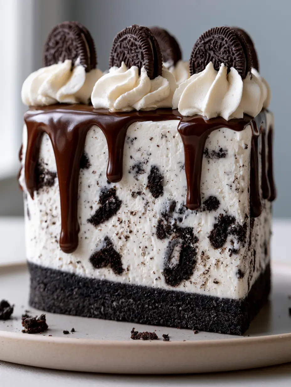 A tall slice of Oreo Cheesecake showing the aerated mousse and thick chocolate cookie crust on a matte ceramic plate. (Oreo Cheesecake)