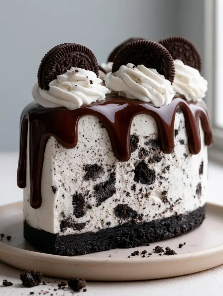 Macro view of a glossy dark chocolate ganache drip on an Oreo Cheesecake slice with fine cookie dust. (Oreo Cheesecake)