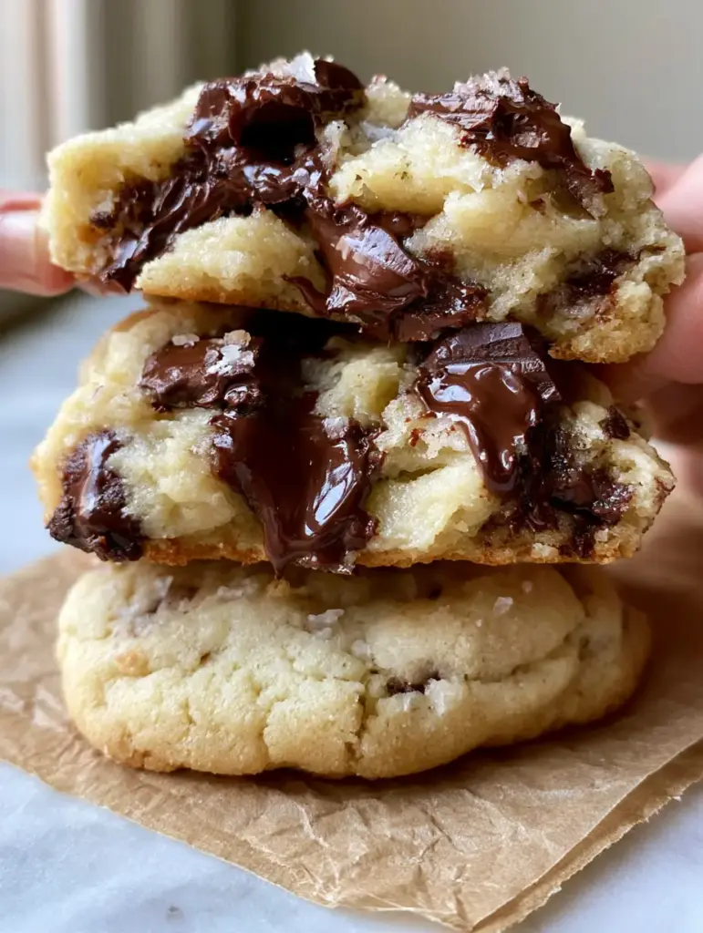 Soft Batch Chocolate Chip Cookies: The Ultimate Thick and Gooey Bakery Secret 1 Three oversized thick cookies on wrinkled brown parchment paper with visible Maldon sea salt flakes and a matte finish.