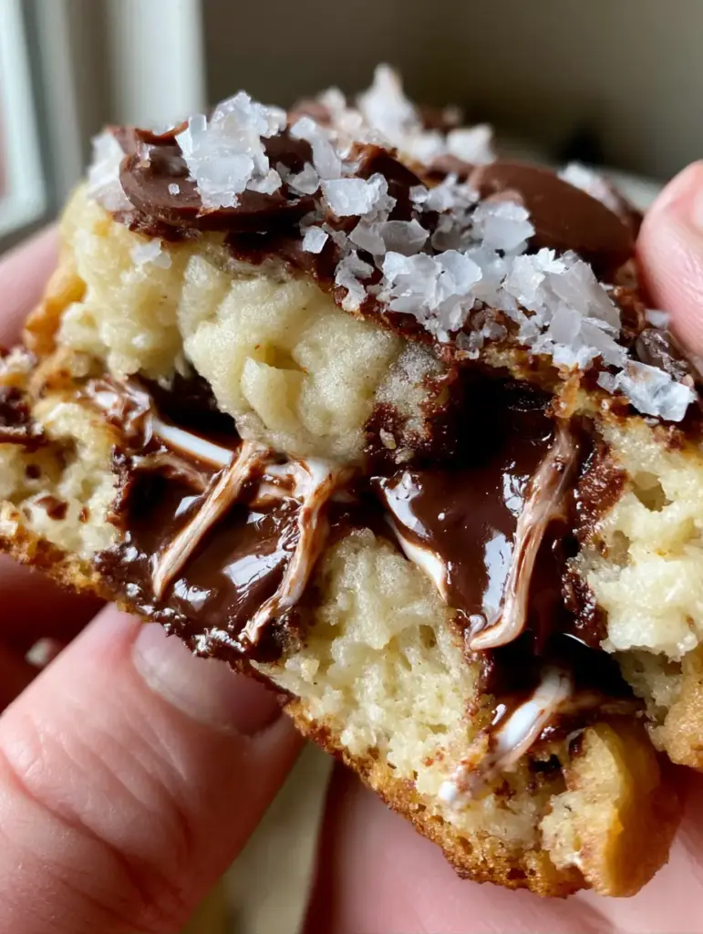Handheld photo showing the gooey marshmallow streaks inside a thick chocolate chip cookie.