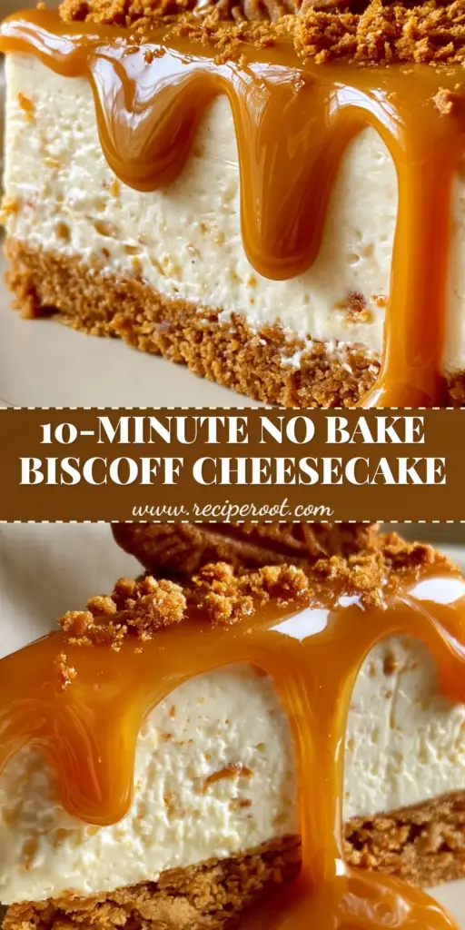 A thick slice of No Bake Biscoff Cheesecake with a glossy cookie butter drip and a whole Lotus biscuit on top.