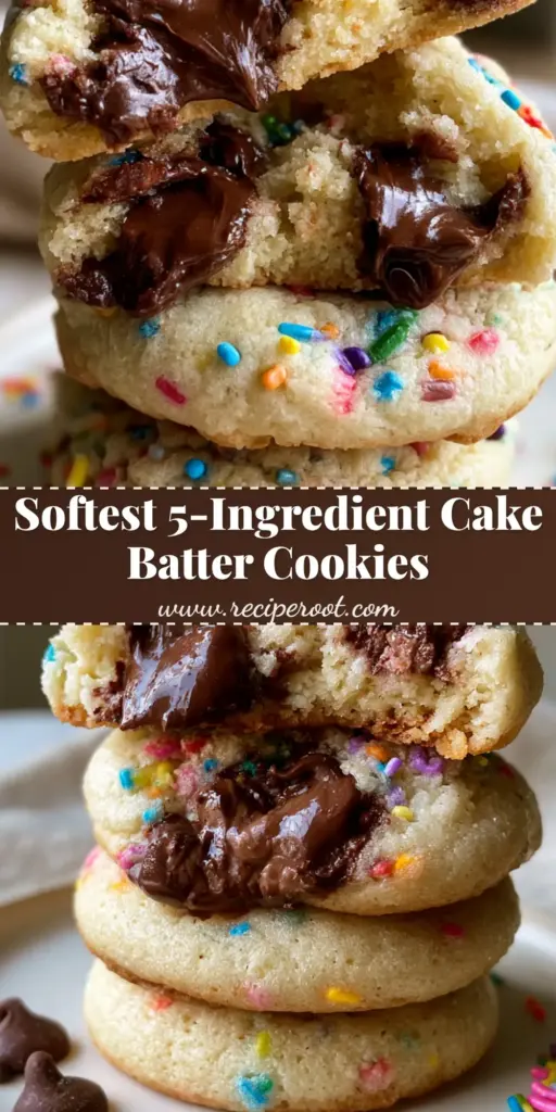 Chocolate Chip Cake Batter Cookies: The Ultimate Soft and Pillowy Recipe 3 A tall stack of Chocolate Chip Cake Batter Cookies with rainbow sprinkles and melted chocolate chunks on a white plate.