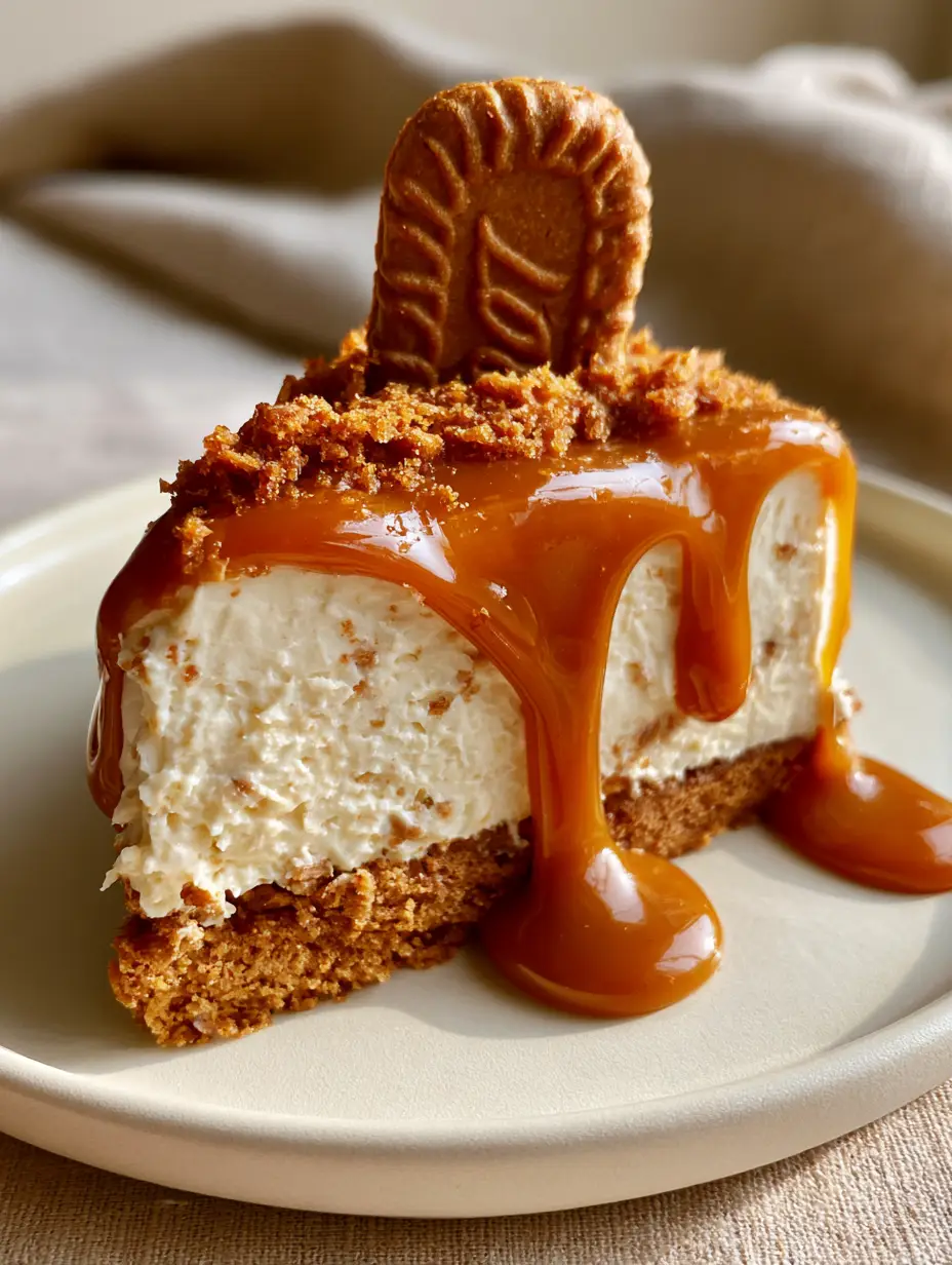 Close-up of a No Bake Biscoff Cheesecake slice showing the velvety ivory filling and amber drip on a minimalist plate.