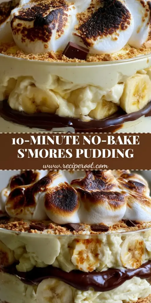 S'mores Banana Pudding: The Ultimate Toasted Marshmallow and Chocolate Trifle 4 A tall glass trifle bowl filled with layers of graham cracker crumbs, pale-yellow banana pudding, sliced bananas, dark chocolate ganache, and a mountain of toasted marshmallows on top. (S'mores Banana Pudding)