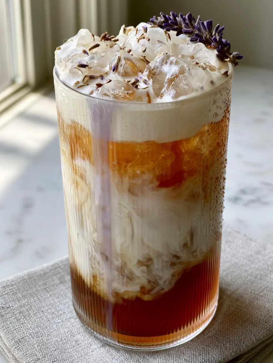 Iced Lavender London Fog: The Ultimate Aesthetic Barista-Style Earl Grey Latte 4 High-angle view of a modern ribbed glass filled with Iced Lavender London Fog, showing the marbleized swirl and clear ice cubes. (Iced Lavender London Fog)
