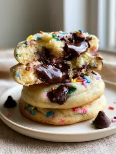 A handheld smartphone photo showing a broken open Chocolate Chip Cake Batter Cookie with a moist, doughy interior and melted chocolate chunks.