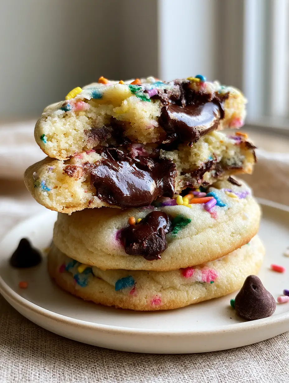 Chocolate Chip Cake Batter Cookies: The Ultimate Soft and Pillowy Recipe 4 A handheld smartphone photo showing a broken open Chocolate Chip Cake Batter Cookie with a moist, doughy interior and melted chocolate chunks.