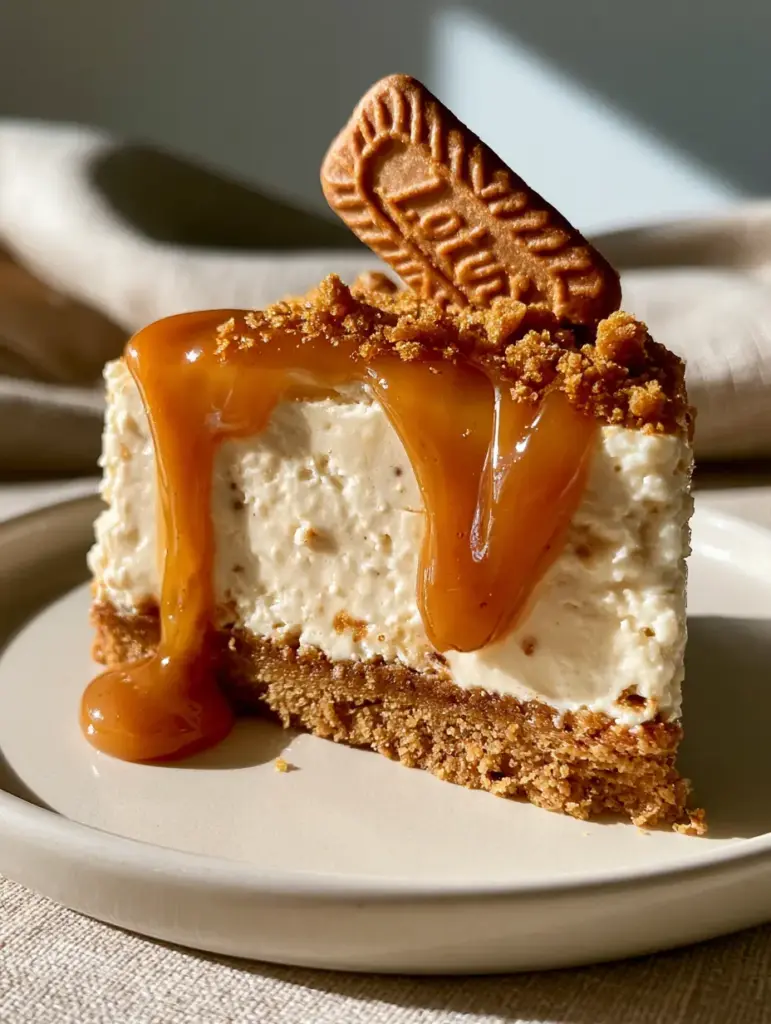 A handheld smartphone photo of a No Bake Biscoff Cheesecake highlighting the compressed cookie crust.