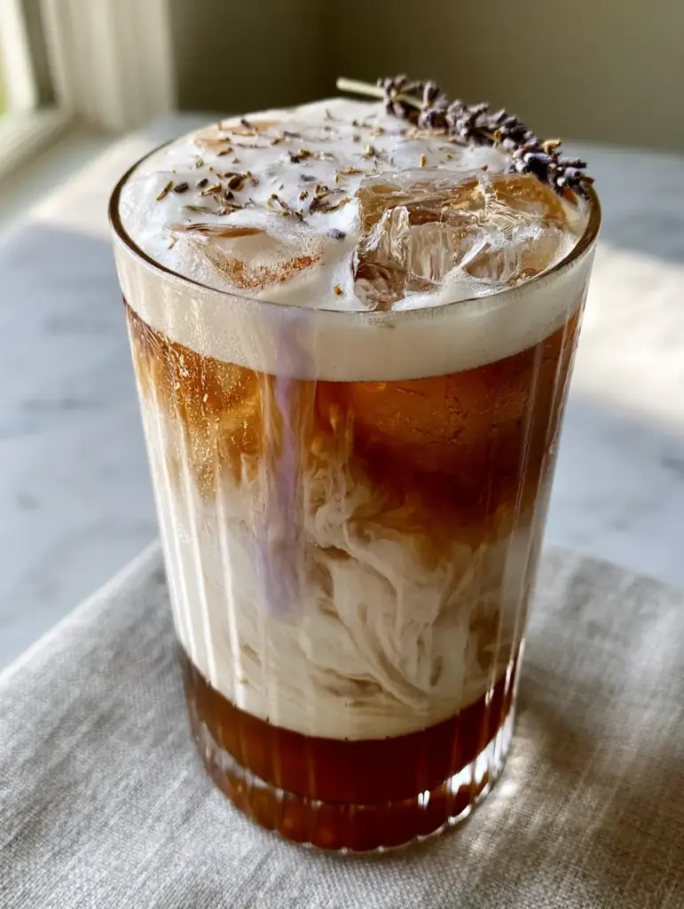 Iced Lavender London Fog: The Ultimate Aesthetic Barista-Style Earl Grey Latte 1 Close-up of the thick cold foam topping and dried lavender buds on an Iced Lavender London Fog. (Iced Lavender London Fog)