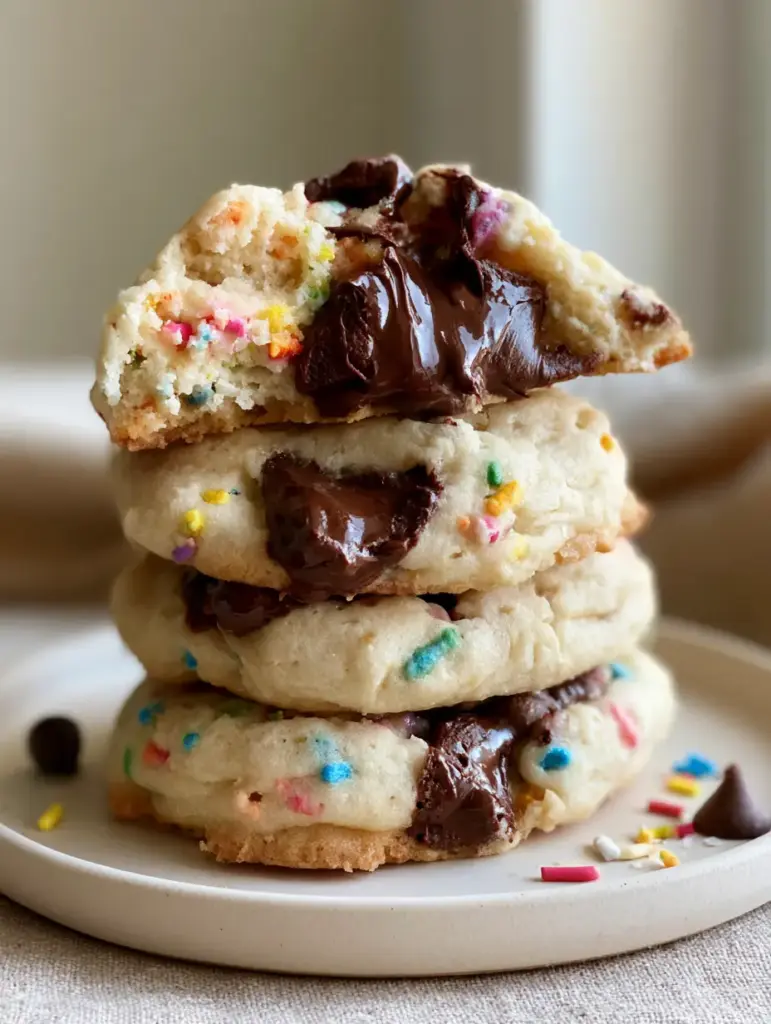 Chocolate Chip Cake Batter Cookies: The Ultimate Soft and Pillowy Recipe 1 Close-up of thick Chocolate Chip Cake Batter Cookies on a neutral linen background with scattered sprinkles.
