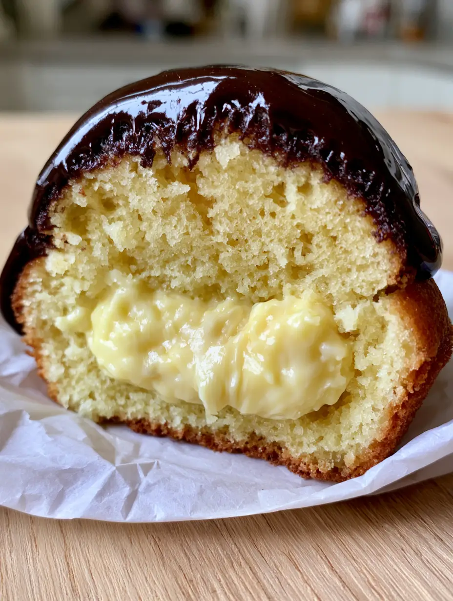 Boston Cream Pie Cupcakes with Vanilla Bean Filling and Mirror-Glaze Ganache 3 Handheld smartphone photo of a Boston cream pie cupcake sliced in half on white greaseproof paper. (Boston cream pie cupcakes)