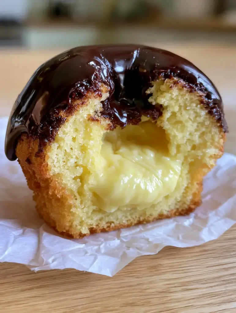 Boston Cream Pie Cupcakes with Vanilla Bean Filling and Mirror-Glaze Ganache 1 A halved Boston cream pie cupcake showcasing the fine crumb and glossy chocolate topping on a wooden surface.