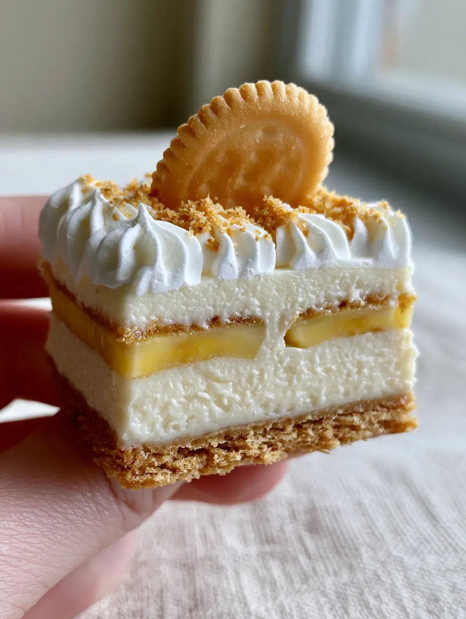 A close-up handheld photo of a single rectangular banana pudding bar showing sharp, distinct layers and a stiff whipped cream top.