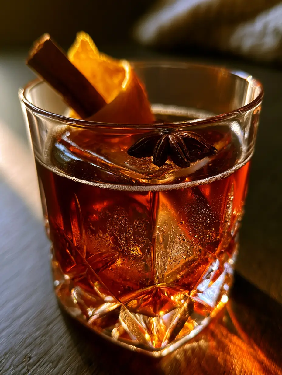 Spiced Rum Cocktails: The Sophisticated Smoked Spiced Rum Old Fashioned 3 Close up of a dark amber spiced rum cocktail with a large clear ice cube and fine foam. (spiced rum cocktails)