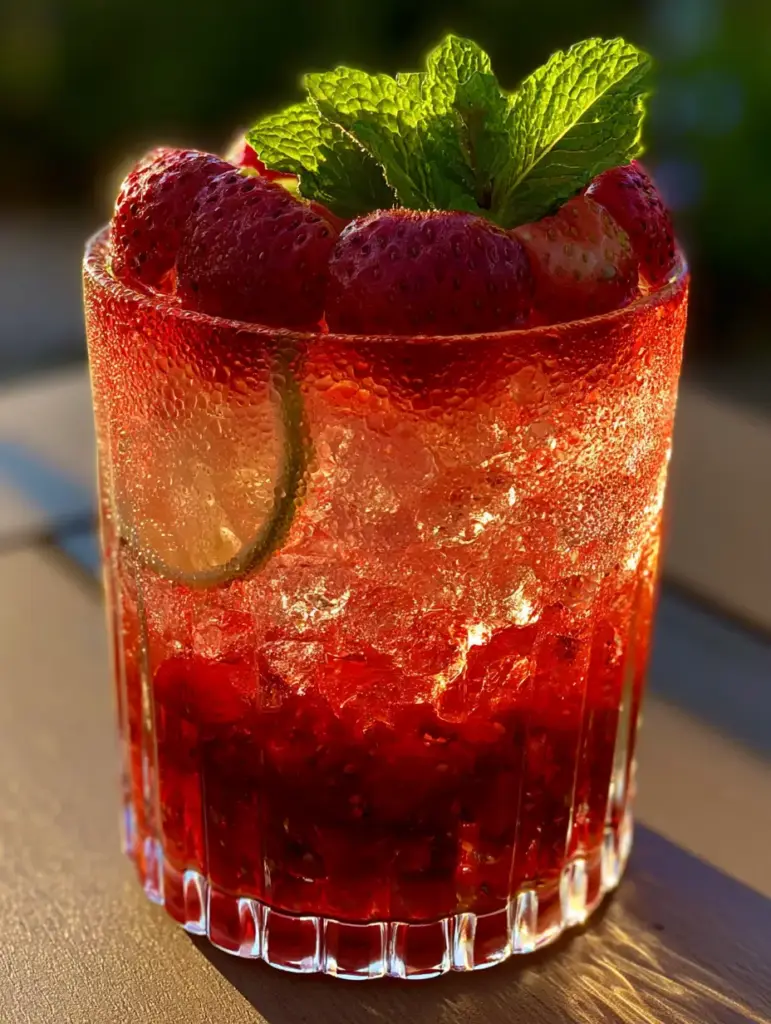 Strawberry Rum Cocktails with Fresh Muddled Berries 2 Close up of strawberry rum cocktails showing the dense muddled fruit layer and pebble ice. (strawberry rum cocktails)