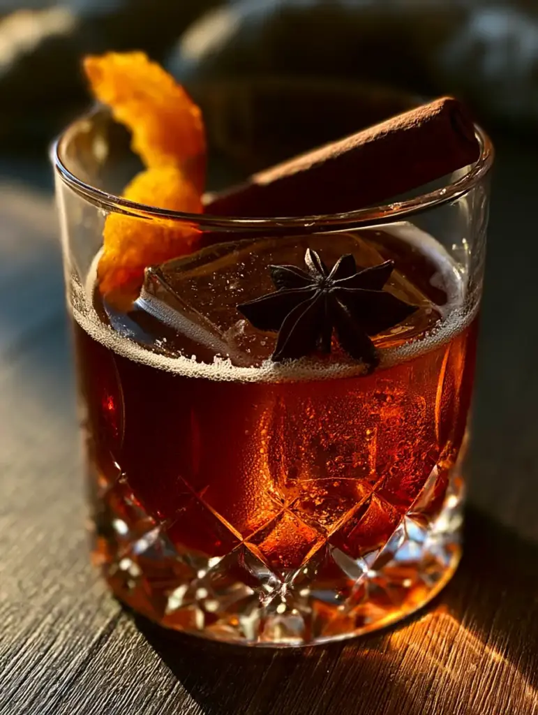 Spiced Rum Cocktails: The Sophisticated Smoked Spiced Rum Old Fashioned 1 Moody lighting highlights the condensation on a spiced rum cocktail glass. (spiced rum cocktails)