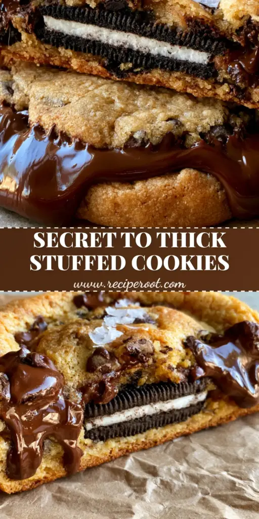 A close-up vertical shot of a massive Oreo stuffed chocolate chip cookie broken in half, showing the cream-filled Oreo center and melted chocolate chunks on crumpled parchment paper.
