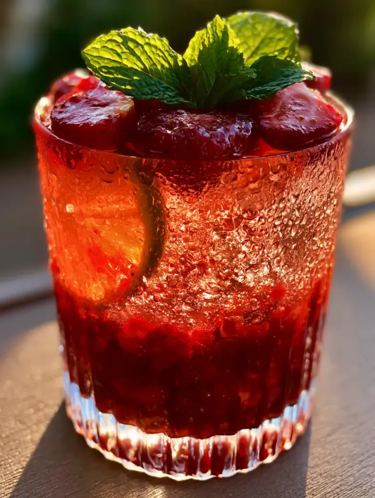 Strawberry Rum Cocktails with Fresh Muddled Berries 1 Wide shot of a strawberry rum cocktail on a wooden surface in a summer garden setting. (strawberry rum cocktails)