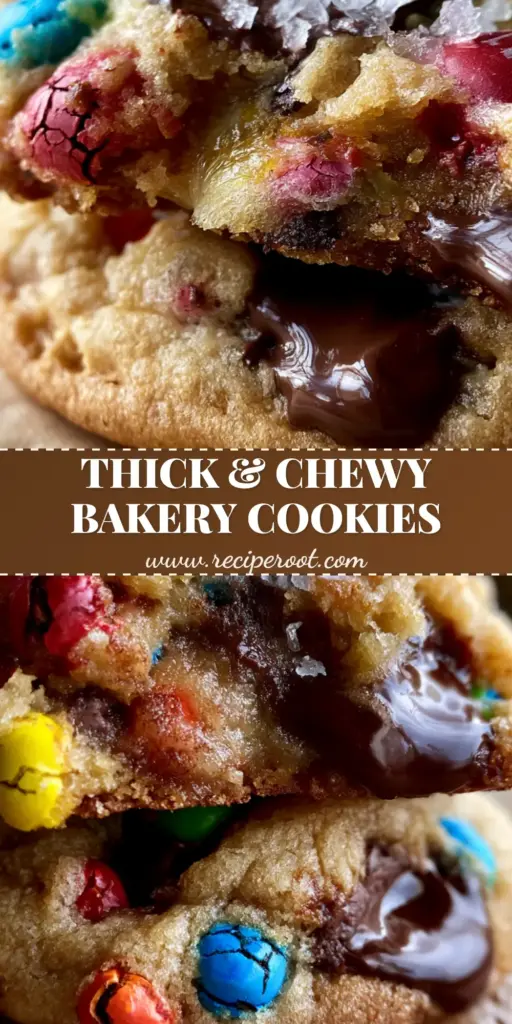M&M cookies with Brown Butter and Flaky Sea Salt 4 A stack of two thick, pillowy bakery-style M&M cookies with melted chocolate chips and sea salt on torn parchment paper.