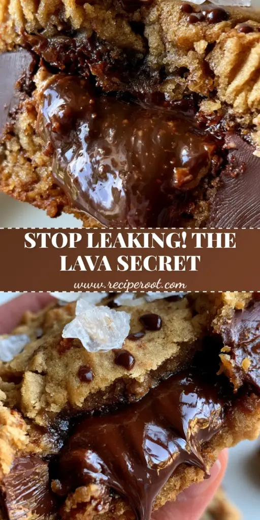 Chocolate Stuffed Cookies with Molten Dark Chocolate Lava Centers 4 A stack of thick chocolate stuffed cookies showing a broken center with oozing molten lava and sea salt flakes.
