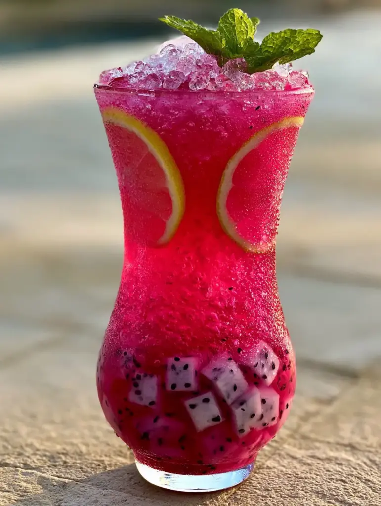 Dragon Fruit Lemonade: The Ultimate Glowing Magenta Summer Refreshment 2 A handheld smartphone photo of dragon fruit lemonade showing heavy water condensation and lemon wheels. (dragon fruit lemonade)