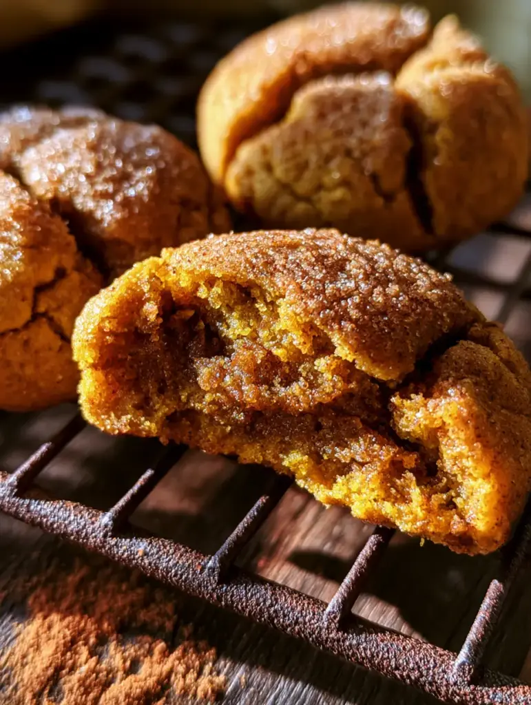 Pumpkin Snickerdoodle Cookies: The Ultimate Fudgy Autumn Treat 1 A broken Pumpkin Snickerdoodle Cookie showing a dense, fudgy, gooey interior with zero air pockets on a dark wood background.