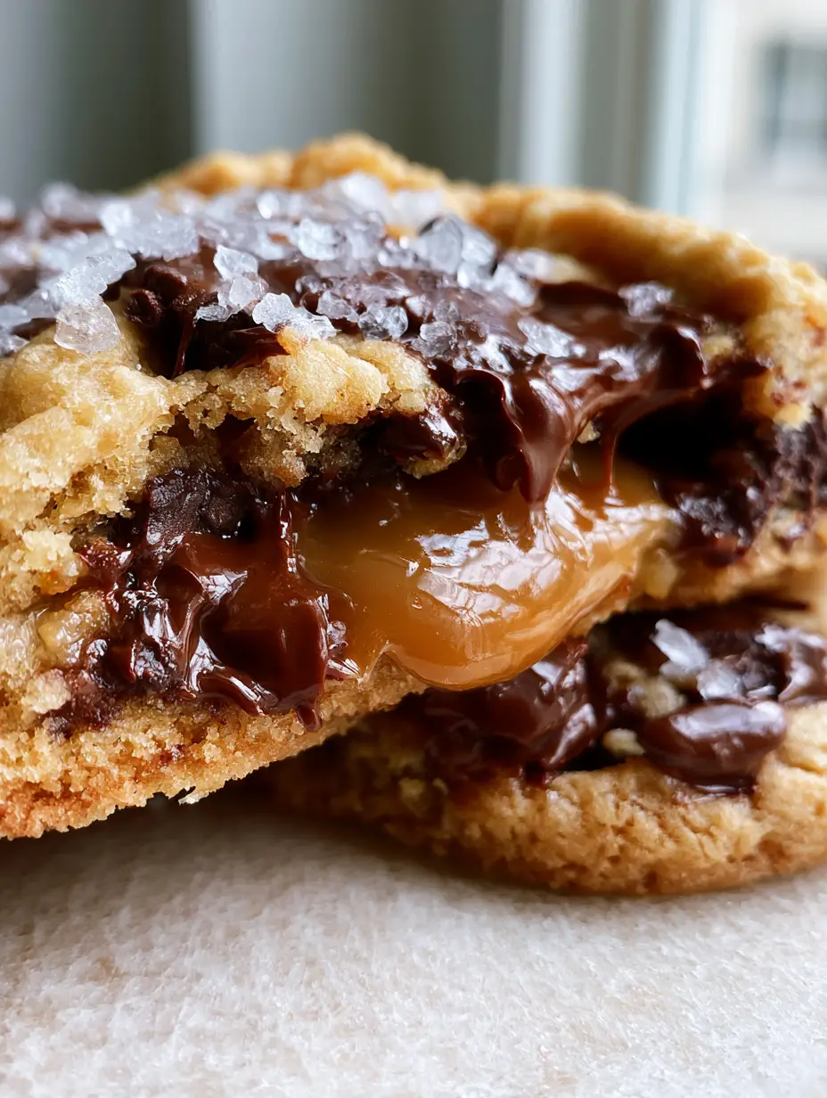 Deep Dish Chocolate Chip Caramel-Filled Cookies: The Ultimate Molten Bakery Recipe 3 Extreme macro close-up of deep dish chocolate chip caramel-filled cookies being broken in half to reveal a slow-dripping amber caramel center.