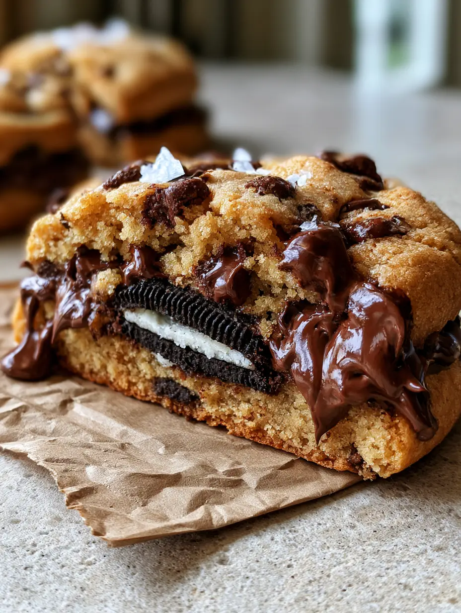 Macro photo of 3-inch thick Oreo stuffed chocolate chip cookies with glistening semi-sweet chocolate puddles and Maldon sea salt on a stone countertop.