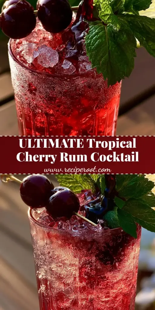 Tropical Cherry Rum Cocktail: The Ultimate Refreshing Poolside Drink 4 A close-up of a Tropical Cherry Rum Cocktail with crushed ice, dark cherries, and mint in a crystal glass.