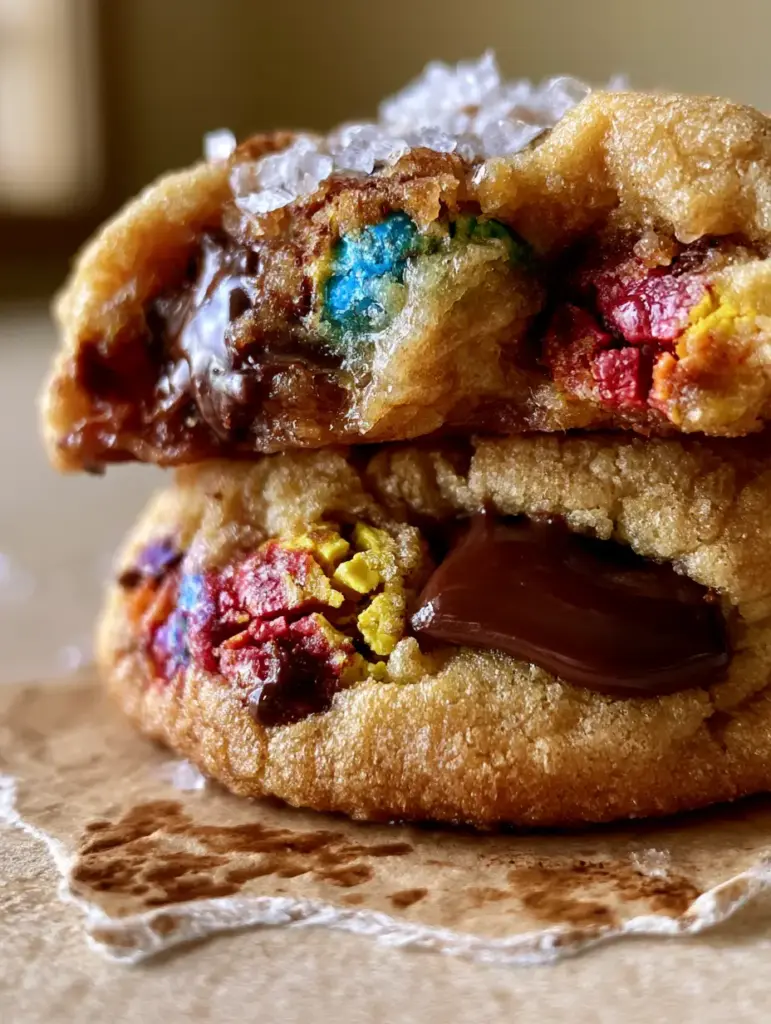 Macro close-up of M&M cookies showing a soft underbaked center with steam rising and melted dark chocolate pools.