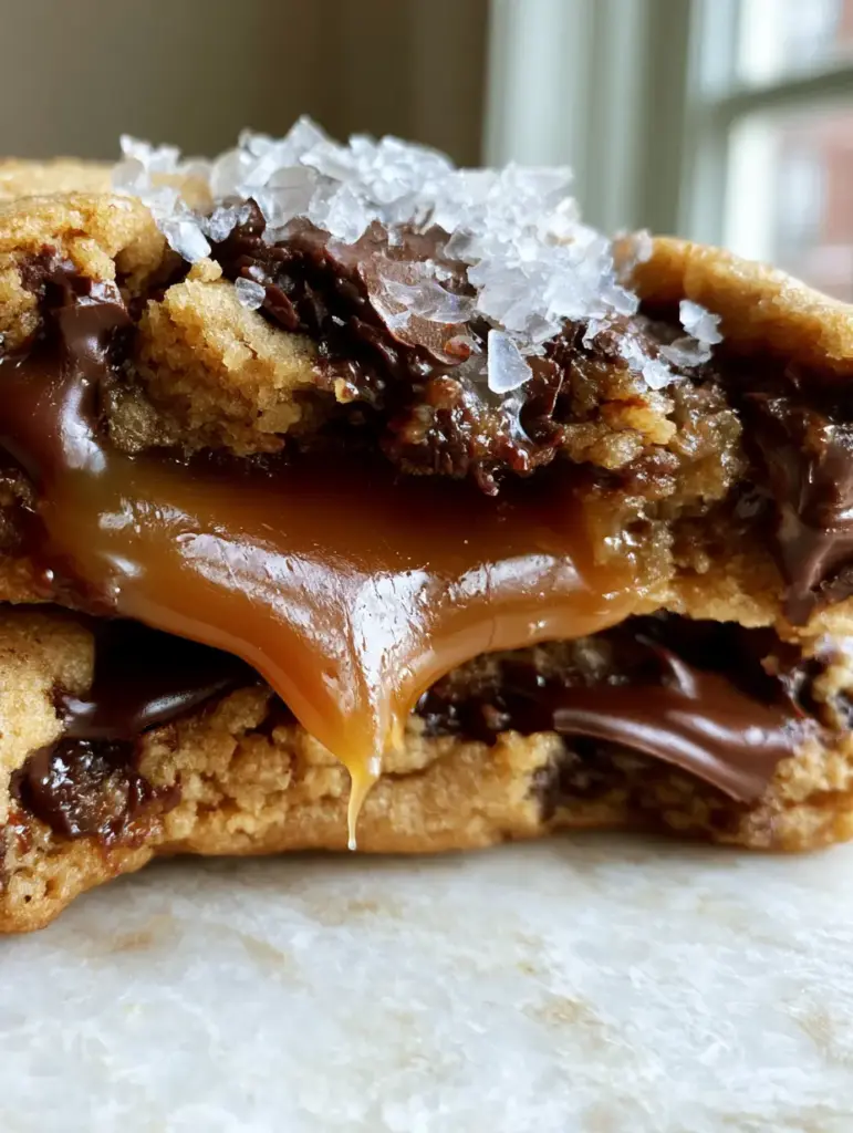Deep Dish Chocolate Chip Caramel-Filled Cookies: The Ultimate Molten Bakery Recipe 1 Close-up of the crinkled top surface of deep dish chocolate chip caramel-filled cookies with large pools of melted chocolate and sea salt.
