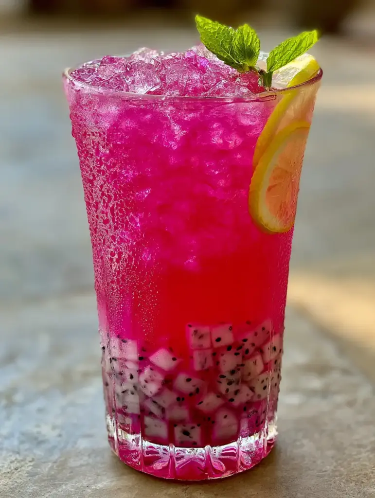 Dragon Fruit Lemonade: The Ultimate Glowing Magenta Summer Refreshment 1 Close up of sparkling crystal-clear crushed ice nuggets and translucent pink dragon fruit lemonade liquid.