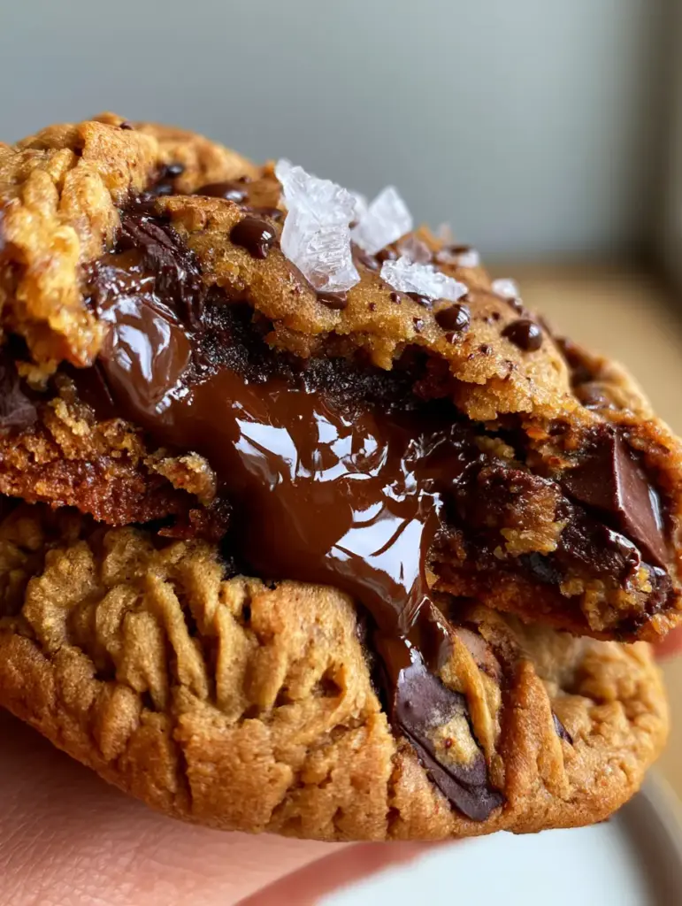 Chocolate Stuffed Cookies with Molten Dark Chocolate Lava Centers 2 A handheld smartphone photo of a thick gourmet chocolate stuffed cookie broken in half with a molten chocolate-hazelnut core. (chocolate stuffed cookies)