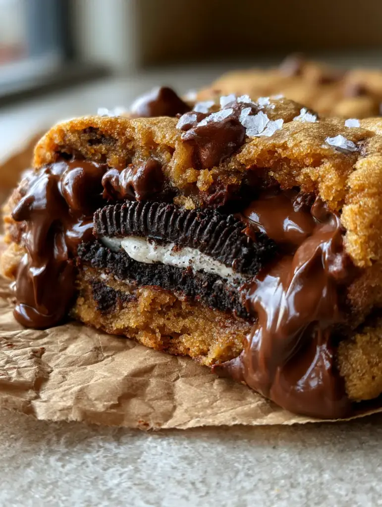 A handheld photo of a broken Oreo stuffed chocolate chip cookie revealing an intact Oreo sandwich cookie center with distinct white cream and dark biscuit layers.