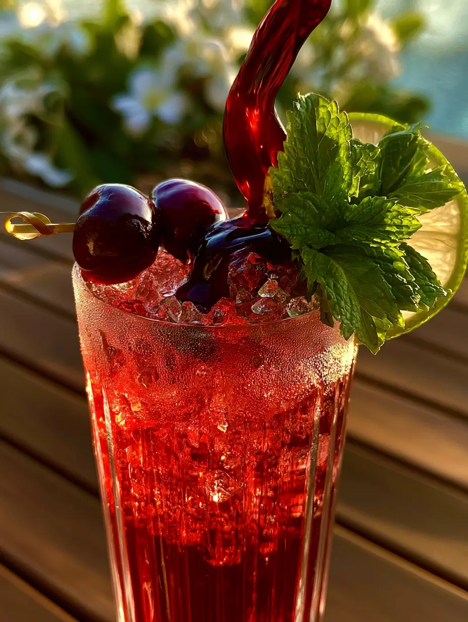 Tropical Cherry Rum Cocktail: The Ultimate Refreshing Poolside Drink 3 Tropical Cherry Rum Cocktail in a ribbed glass with frosty condensation and gold cocktail pick.