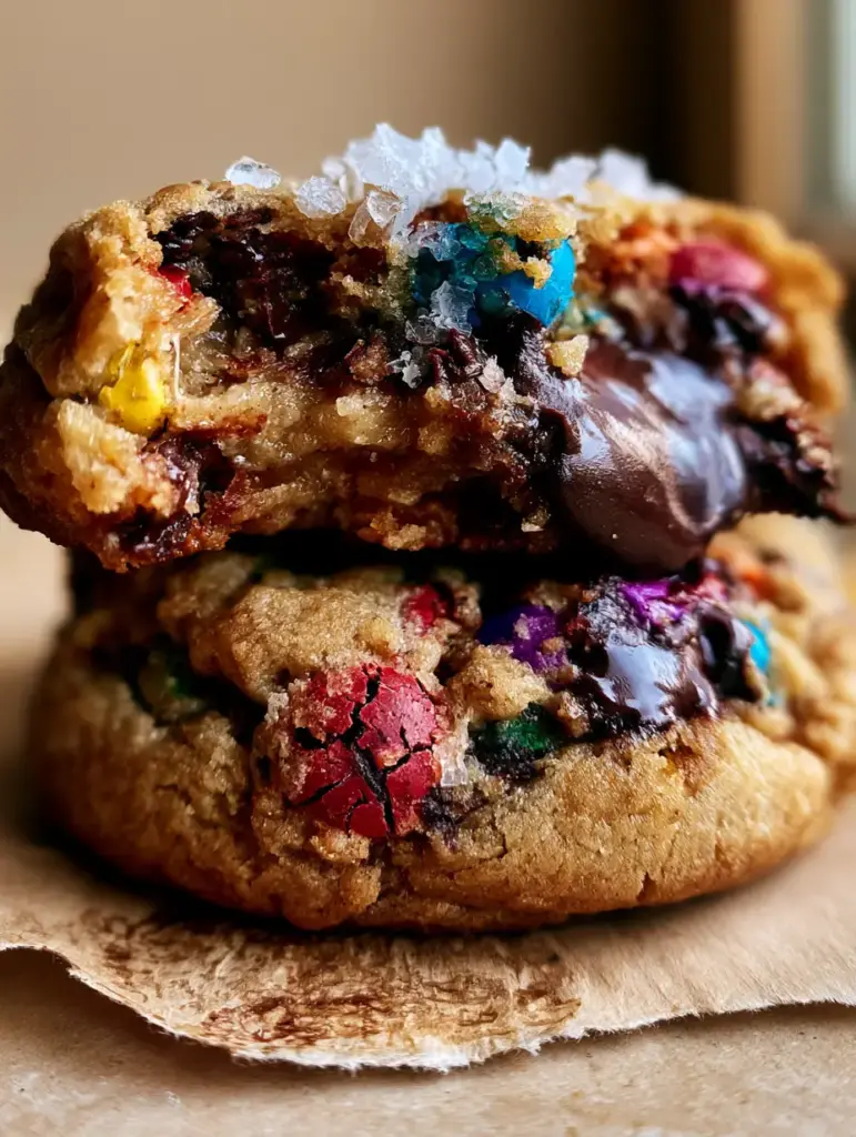 M&M cookies with Brown Butter and Flaky Sea Salt 1 A stack of M&M cookies with a crinkled sugary surface and vibrant cracked candy coatings.