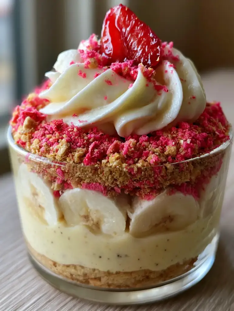 Strawberry Crunch Banana Pudding: The Ultimate Creamy Layered Dessert 2 Slightly high-angle shot of strawberry crunch banana pudding in a clear glass jar with visible vanilla bean specks and pink crumbles.