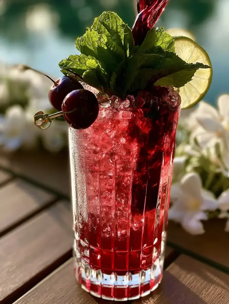 Tropical Cherry Rum Cocktail: The Ultimate Refreshing Poolside Drink 1 Close up of cherry syrup marbling into a Tropical Cherry Rum Cocktail.