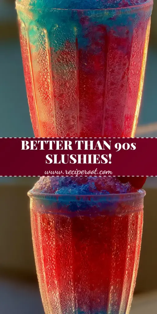 A tall ribbed glass with dual layers of neon blue and red slushie topped with a cherry and a green bendy straw. (nostalgic summer drinks)