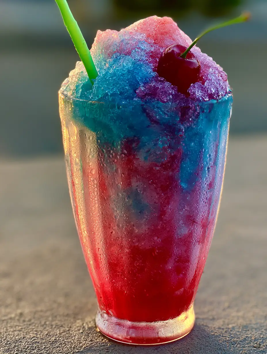 Detailed view of crystalline ice granules in a blue raspberry and cherry slushie. (nostalgic summer drinks)