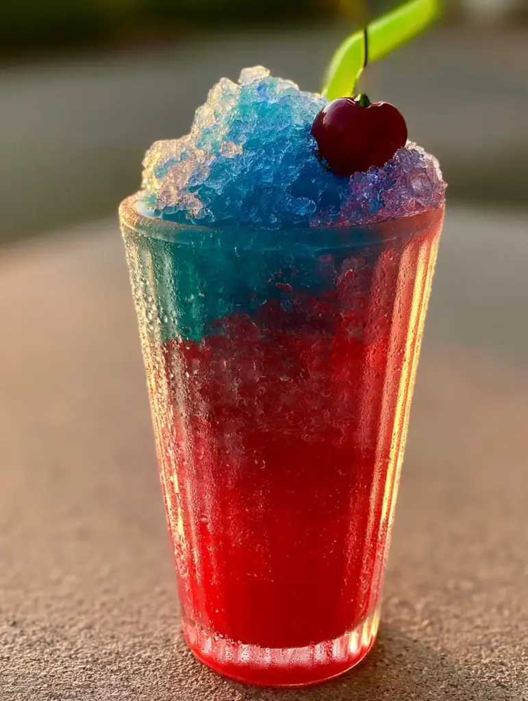 Vintage ribbed glass with heavy condensation beads filled with a red and blue icy drink.