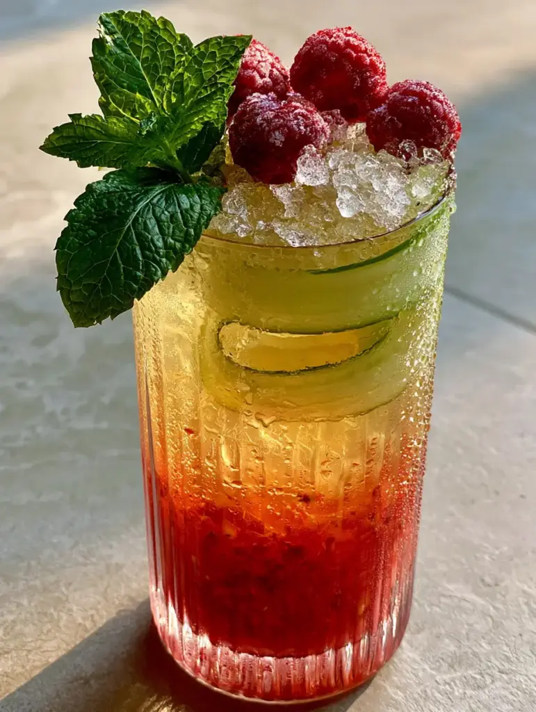 DIY Summer Drinks: The Ultimate Layered Strawberry Peach Tea Mocktail 2 Close up of crushed nugget ice and fresh mint in a tall glass with heavy condensation. (DIY summer drinks)