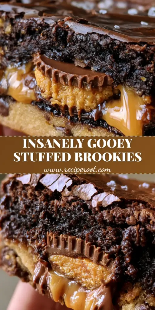 Peanut Butter Cup Stuffed Brookies: The Ultimate Molten Center Dessert 4 A thick, sliced Peanut Butter Cup Stuffed Brookie held in a hand showing a dark fudgy brownie top with a crinkle crust and a molten peanut butter center over a golden cookie base.