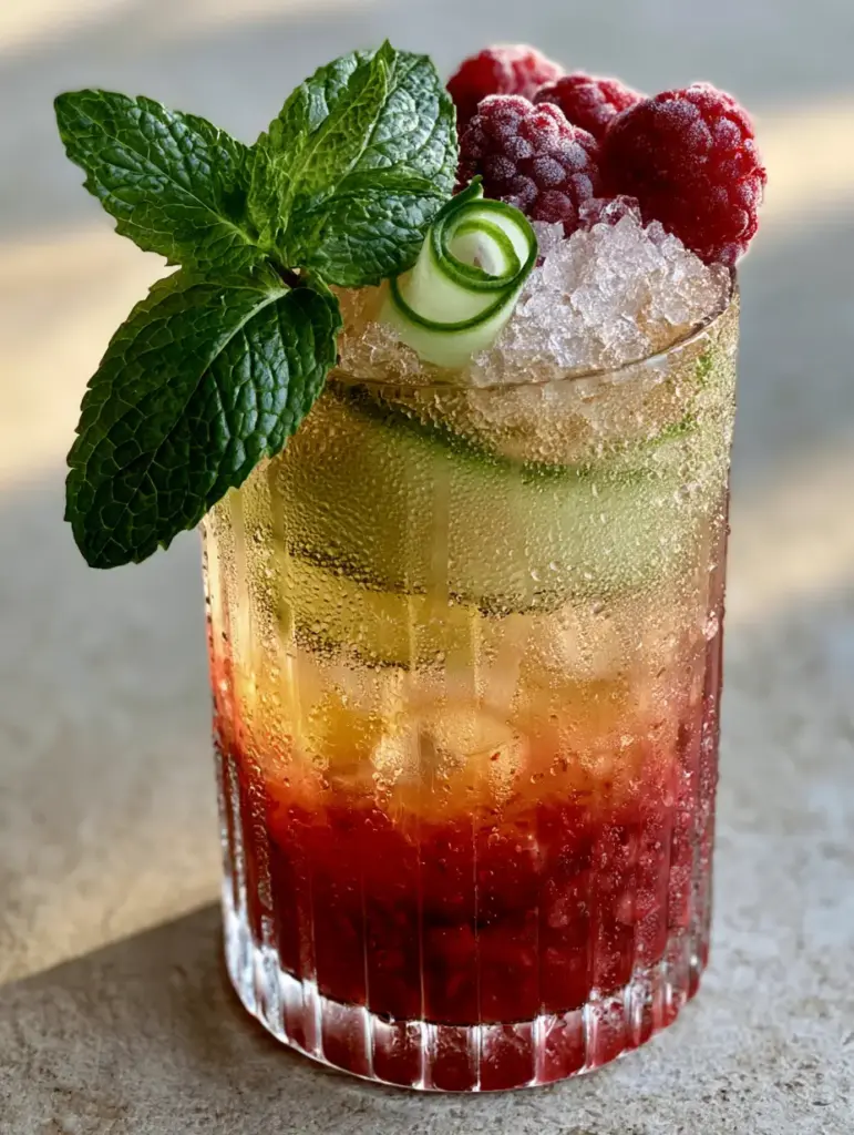 DIY Summer Drinks: The Ultimate Layered Strawberry Peach Tea Mocktail 1 A layered mocktail on a light-grey stone surface under natural afternoon sunlight showing strawberry, tea, and sparkling layers.